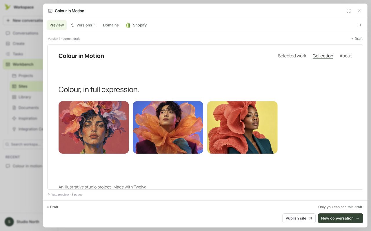 Twelva 網站預覽介面,展示 Colour in Motion 範例專案與三張圖片組成的畫廊。